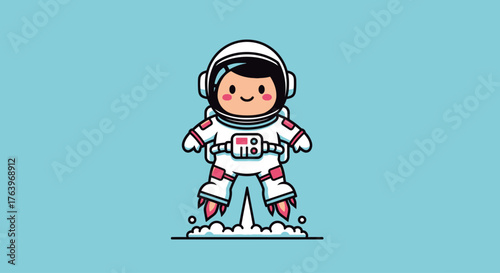 Cute cartoon astronaut with a jetpack blasting off into space with a blue background, perfect for children's themes and exploration