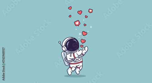 Astronaut floating in space, surrounded by floating hearts, expressing love and wonder, a delightful cosmic scene
