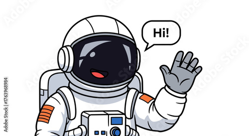 Friendly astronaut in a white spacesuit waving hello with a speech bubble