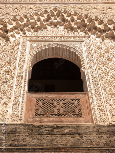 A beautiful window overlooking an interior courtyard in a mosque in the city of Fez, Morocco