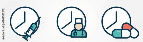 Medical reminder icons. Health care and therapy isolated vector color images. Hand drawn original illustrations.