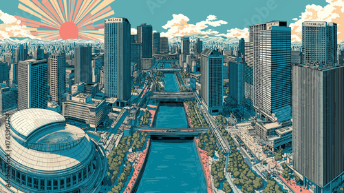 Cityscape of Osaka, city of Japan, attractive touristic advertisement poster, beautiful touristic must-see destination. Beautiful tourist destination in Asia. Big city with Yodo river.