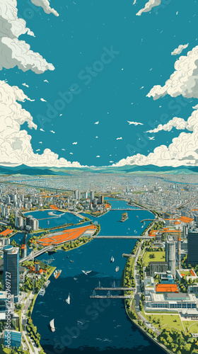 Cityscape of Osaka, city of Japan, attractive touristic advertisement poster, beautiful touristic must-see destination. Beautiful tourist destination in Asia. Big city with Yodo river.