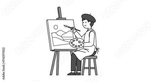 Artist painting landscape on canvas creative hobby art supplies drawing easel painter illustration studio