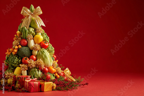 Creative vegetable Christmas tree with golden bows on red background with gifts at base occupying left side of frame while leaving two-thirds free space for text, perfect for vegetarian restaurant pro