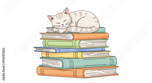 Cute cat sleeping on books illustration for children's book reading education and animal lovers design art