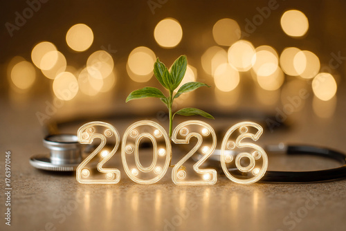 veterinary clinic advertisement for New Year 2026 with glowing numbers surrounded by gentle paw print pattern and healthy growing plant beside stethoscope symbolizing pet wellness