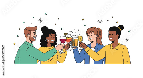 Illustration of friends celebrating with drinks cheers party friendship gathering celebration happiness