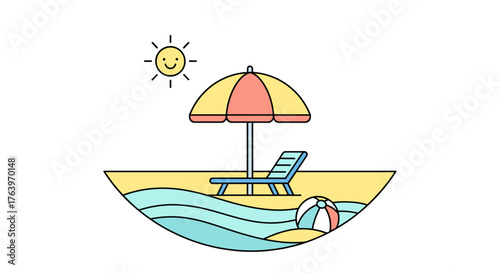 Illustration of summer beach scene with umbrella chair sun and ball for vacation and holiday concept