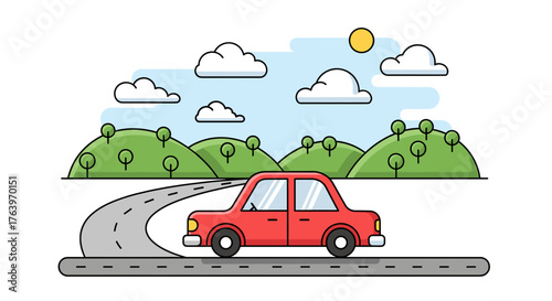 Red car driving on road trip through nature landscape with hills clouds and sun vector illustration