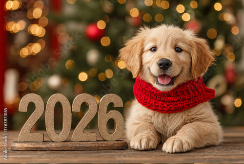 veterinary clinic advertisement featuring 2026 numbers with happy golden retriever wearing tiny red holiday scarf seated beside them amid soft warm lighting and festive Christmas tree bokeh background