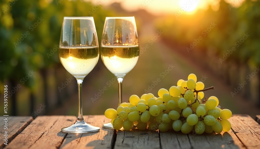 Obraz premium Two glasses of chardonnay wine sit on a rustic wooden table with fresh green grapes. Warm sunset light illuminates the vineyard setting, suggesting a luxurious tasting experience or celebration.