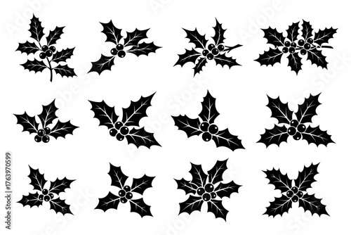 Christmas Holly berry leaves silhouette icon set Collection of traditional winter floral decoration elements Vector graphic illustration