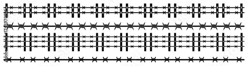 Barbed wire fence seamless border set Collection of barbwire silhouette patterns for security or prison design Vector illustration
