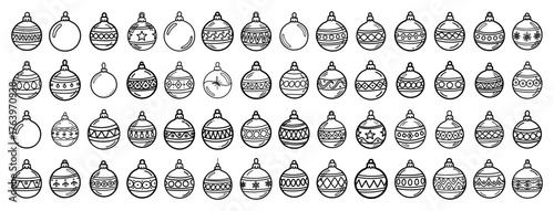 Big collection of hand drawn Christmas baubles Doodle sketch style holiday tree ornaments with various patterns Vector illustration