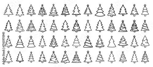 Christmas Tree Icons Set Hand Drawn Outline Minimal Doodle Vector Collection
