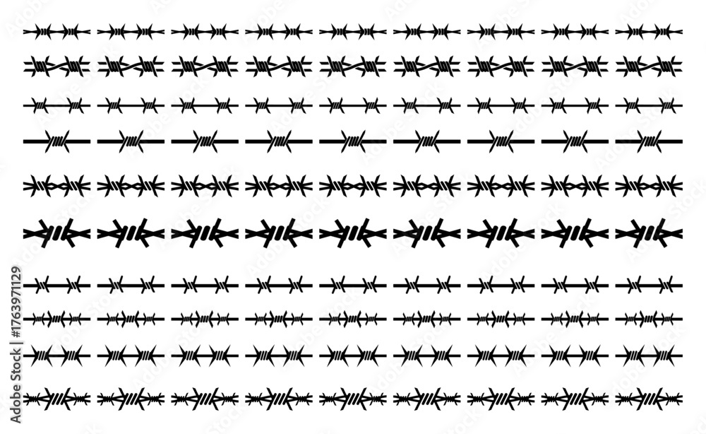 Fototapeta premium Large collection of barbed wire seamless borders Vector silhouette of fence elements for security and protection themes