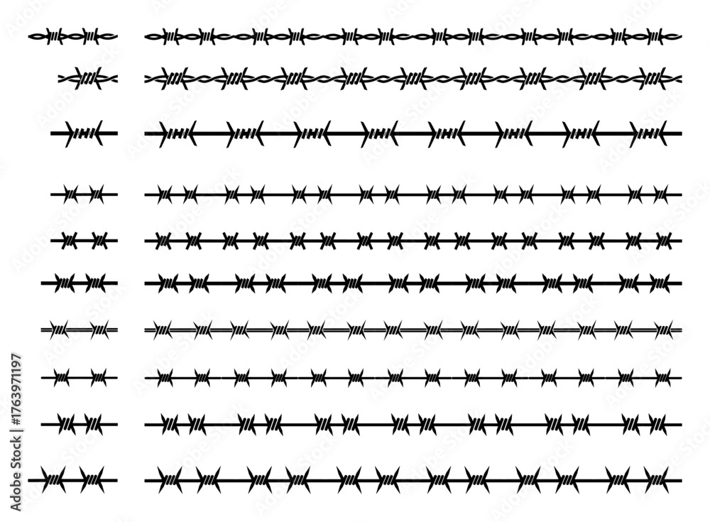 Fototapeta premium Barbed Wire Borders Set Heavy Rough Spiked Lines Seamless Vector Dividers