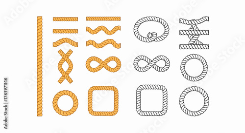 A set of rope brushes, nautical knots, and cord frame elements. A vector illustration with isolated objects for commercial use