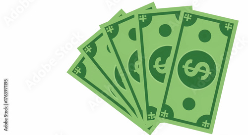 Fanned out green dollar bills representing cash and wealth. Vector illustration of isolated objects for commercial use