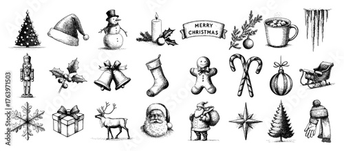 Hand drawn Christmas icons collection Vintage vector sketch illustration set of winter holiday symbols