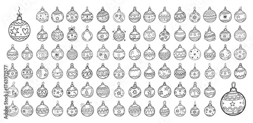 Big collection of hand drawn Christmas baubles Doodle sketch style holiday tree ornaments with various patterns Vector illustration