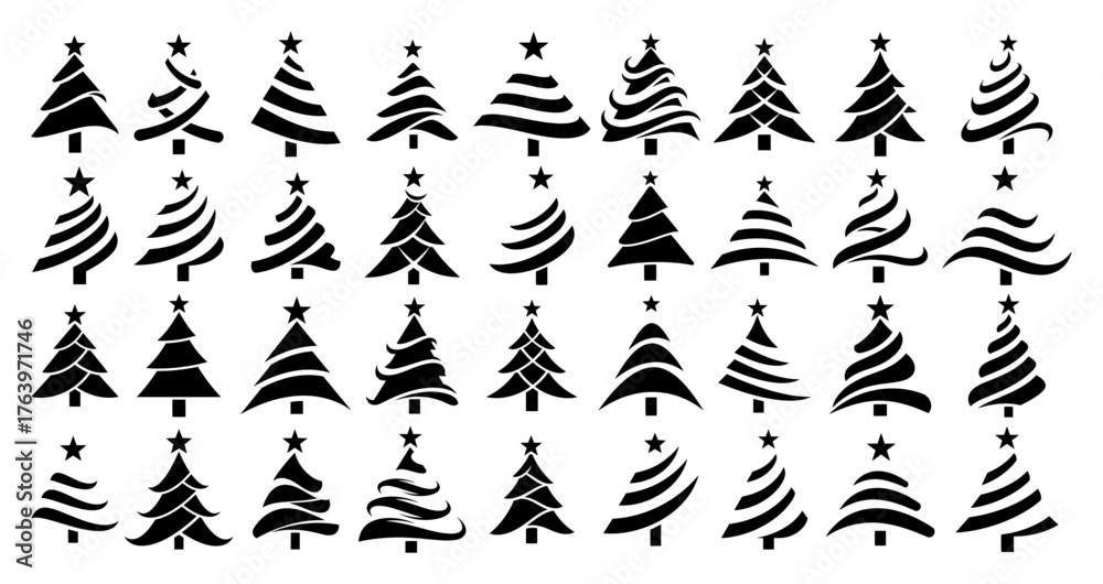 Fototapeta premium Big collection of stylized Christmas tree icons Vector set of abstract black holiday tree silhouettes