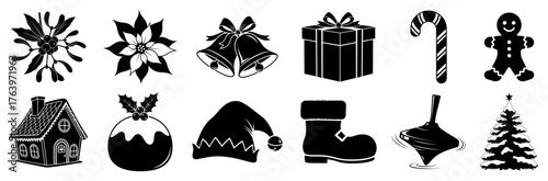 Christmas Icons Silhouette Set Poinsettia Bells Gift Candy Cane Gingerbread House Stocking Vector