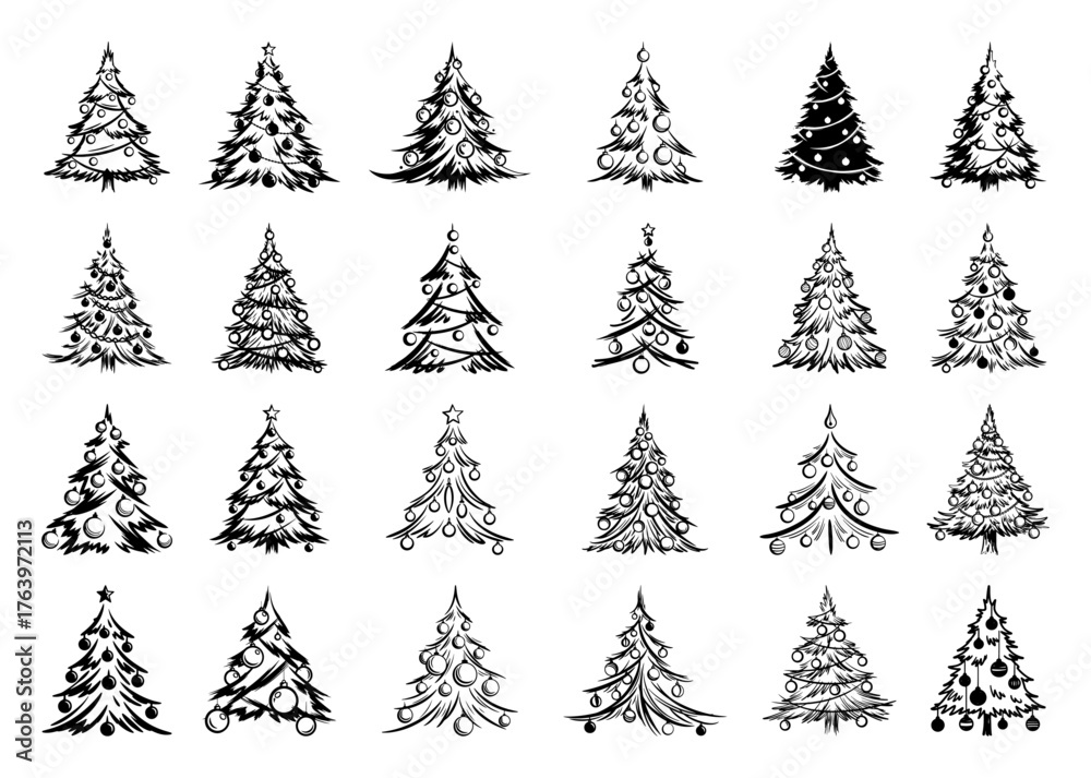 Obraz premium Decorative Christmas Tree Icons Set Ornate Swirl Bauble Doodle Outline Vector