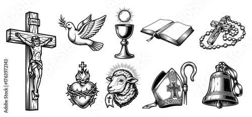 Vintage Christian religion icons set Collection of hand drawn Catholic symbols including crucifix bible and sacred heart Engraving style vector illustration