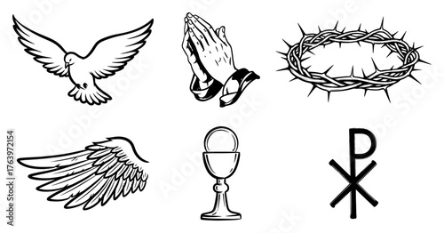 Christian religion symbols set Collection of hand drawn biblical icons including dove praying hands and crown of thorns Vector illustration