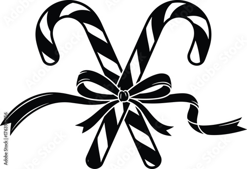 Classic black and white illustration of two crossed candy canes tied with a festive ribbon