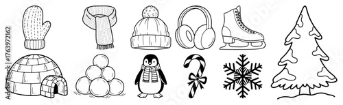 Hand drawn winter icons set Collection of cute doodle Christmas elements including clothes penguin and snowflake Vector line art illustration