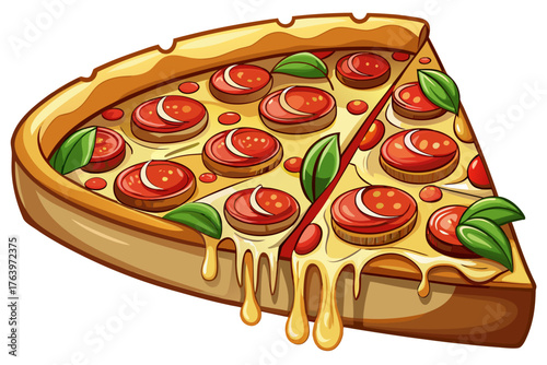 vector of Thick and creamy pizza with many layers of cheese and fresh tomato sauce. Attractive design with a triangular cut and the view of the layers inside the pizza in the photo from a close angle.