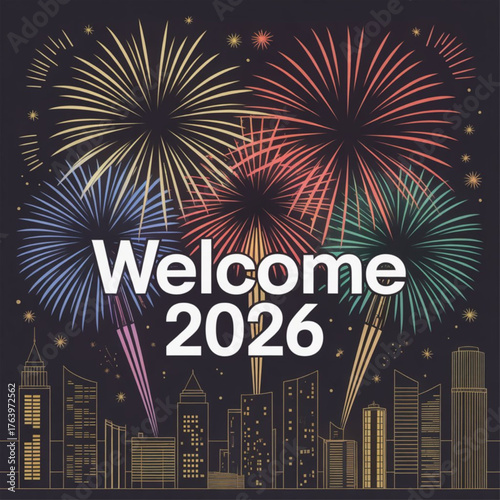 Spectacular fireworks display welcomes the year 2026 over a city skyline