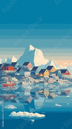 Cityscape of ilusat, city of Greenland, attractive touristic advertisement poster, beautiful touristic must-see destination. Beautiful tourist destination, in Northern europe. Amazing travel destinati