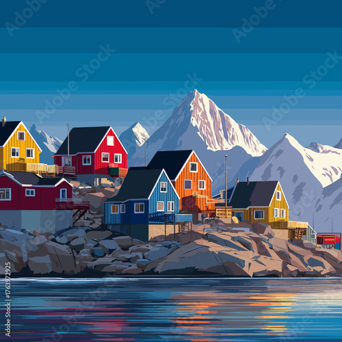 Cityscape of ilusat, city of Greenland, attractive touristic advertisement poster, beautiful touristic must-see destination. Beautiful tourist destination, in Northern europe. Amazing travel destinati