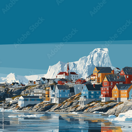 Cityscape of ilusat, city of Greenland, attractive touristic advertisement poster, beautiful touristic must-see destination. Beautiful tourist destination, in Northern europe. Amazing travel destinati