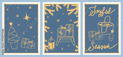 Christmas card set  Handrawn outline festive elements, Christmas tree, gifts boxes and handwritten lettering for holiday greetings, invitations or graphic projects