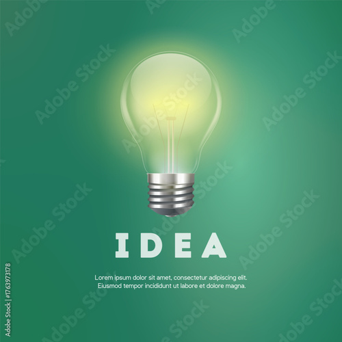 Realistic light bulb on green background. Innovative idea for business, startup, or creative themes. Vector illustration