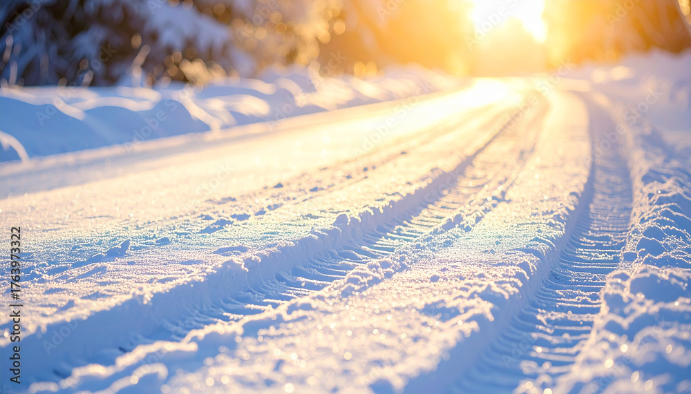 Obraz premium Fresh tire tracks imprinted on a snow-covered road, peaceful and atmospheric winter mood.