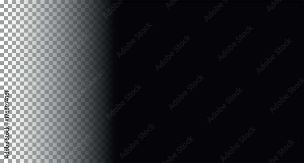Fototapeta premium Black gradient transparent background fade overlay for soft shadow transition. Minimal vector texture simulating darkness dissolve or smooth light blending