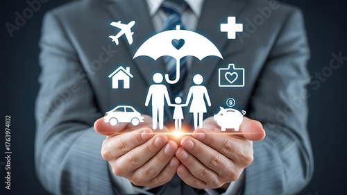 A businessman holding a digital illustration of family, car, home, travel, health, and money protection, representing the concept of insurance and security