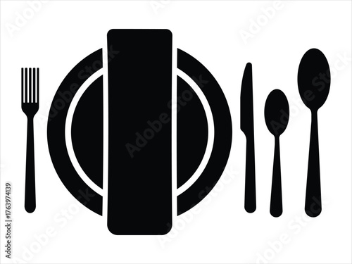 Elegant Cutlery and Plate Icon Set – Minimalist Black and White Dining Utensil Silhouettes for Restaurant and Tableware Design