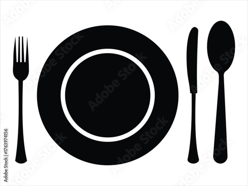Elegant Cutlery and Plate Icon Set – Minimalist Black and White Dining Utensil Silhouettes for Restaurant and Tableware Design