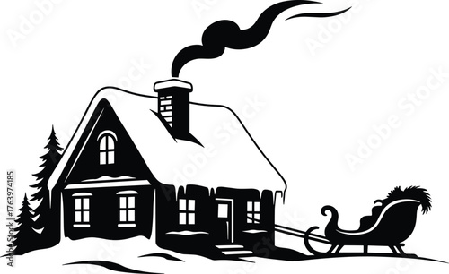 Cozy snow covered cabin with sleigh and smoke rising from chimney