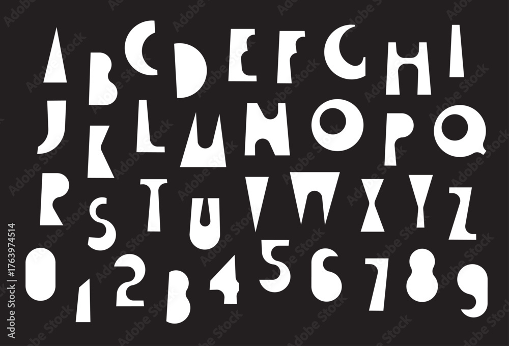 Naklejka premium Simple, thick, humorous, geometric letter font with holiday and party theme. Book, literature, fairy tale, cartoon, captions. Latin alphabet letters and numbers. No AI used