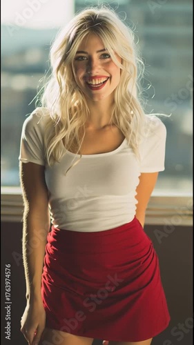 beautiful blonde woman in red skirt
