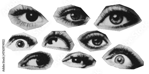 Set of halftone vintage eyes illustration in retro collage style, symbolizing vision, observation, awareness, and creativity concept.