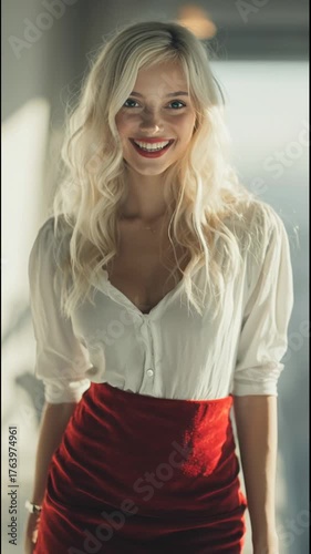 beautiful blonde woman in red skirt